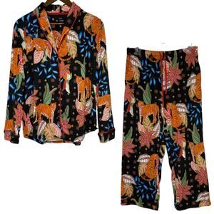 Room Service Pajama Set Womens Medium Black Tiger Floral Print Lounge Knit